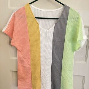 Women's Striped V-Neck Colorblock Top - White, Peach, Yellow, Gray, Light Green